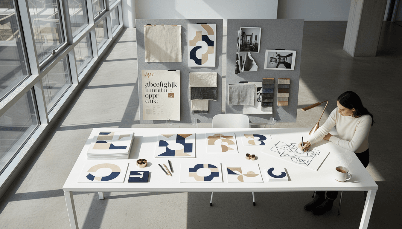 Designer sketching brand identity concepts in a modern studio workspace