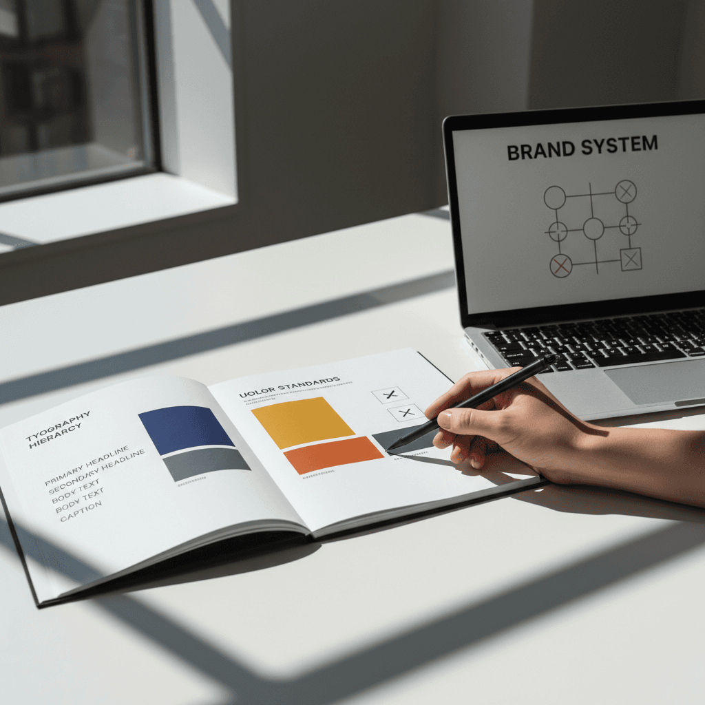 Brand guidelines document open with designer reviewing specifications