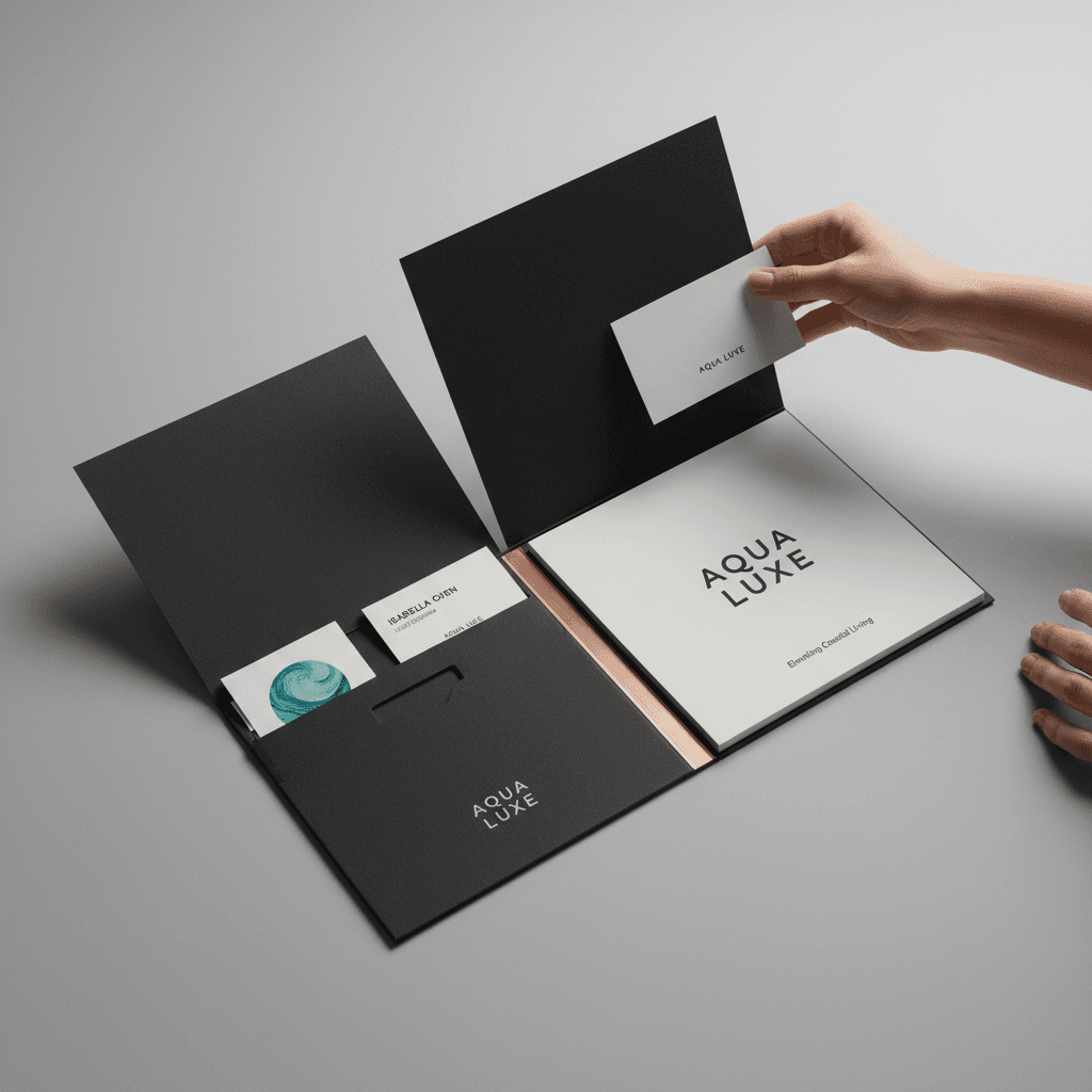 Premium brand presentation folder opened to display complete system
