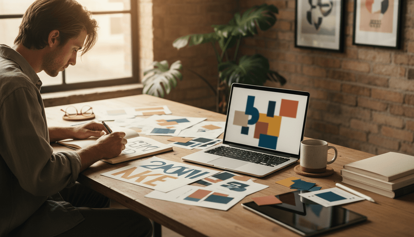 Designer working on brand identity systems at a workspace with design sketches and creative materials