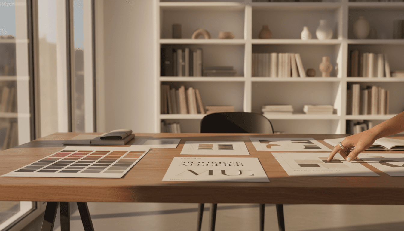 Designer workspace with brand identity materials and materials under natural light
