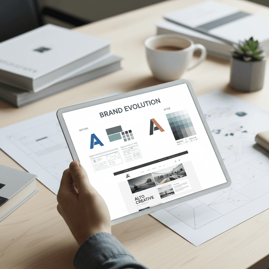 Designer presenting completed brand identity project on a tablet screen