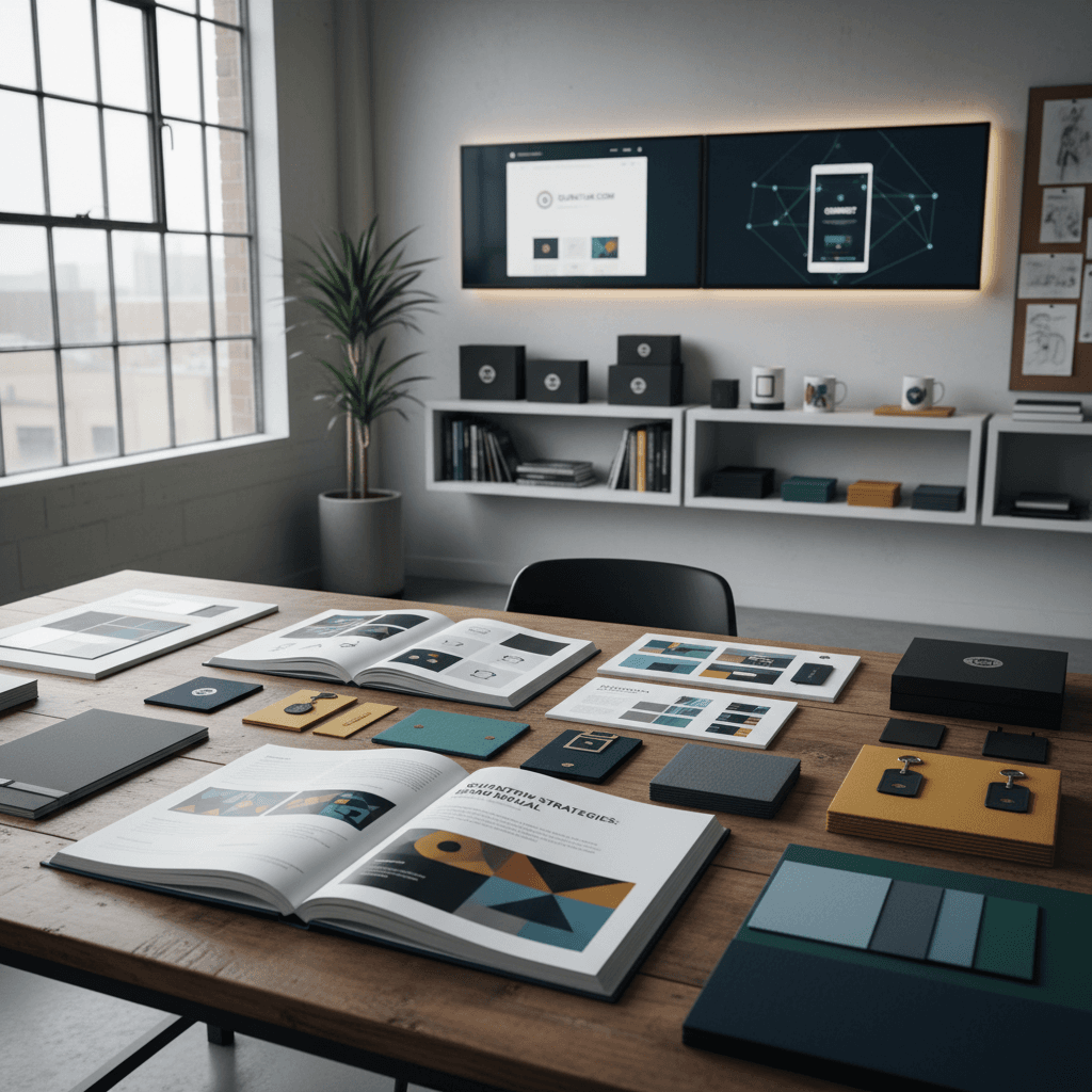 Complete brand identity workspace showing guidelines, digital assets, and physical brand samples