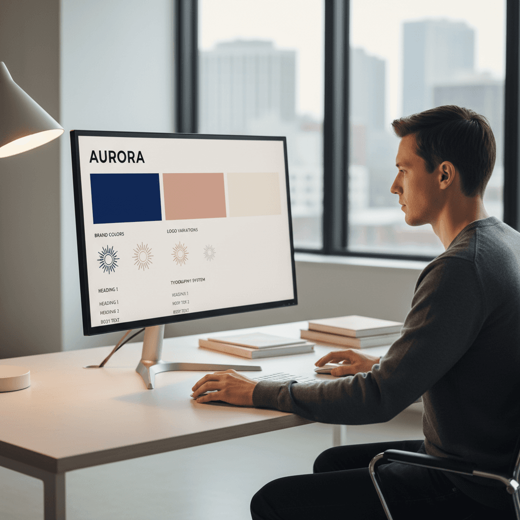 Designer creating brand guidelines on a computer displaying brand identity systems