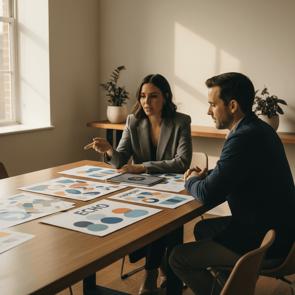 Design director presenting brand concepts and creative direction to a client
