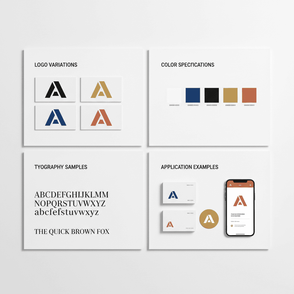 Overhead layout of comprehensive brand identity system showing logos, colors, and typography specifications