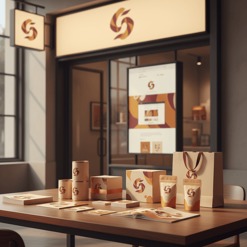 Brand identity system applied across multiple touchpoints including digital and print applications
