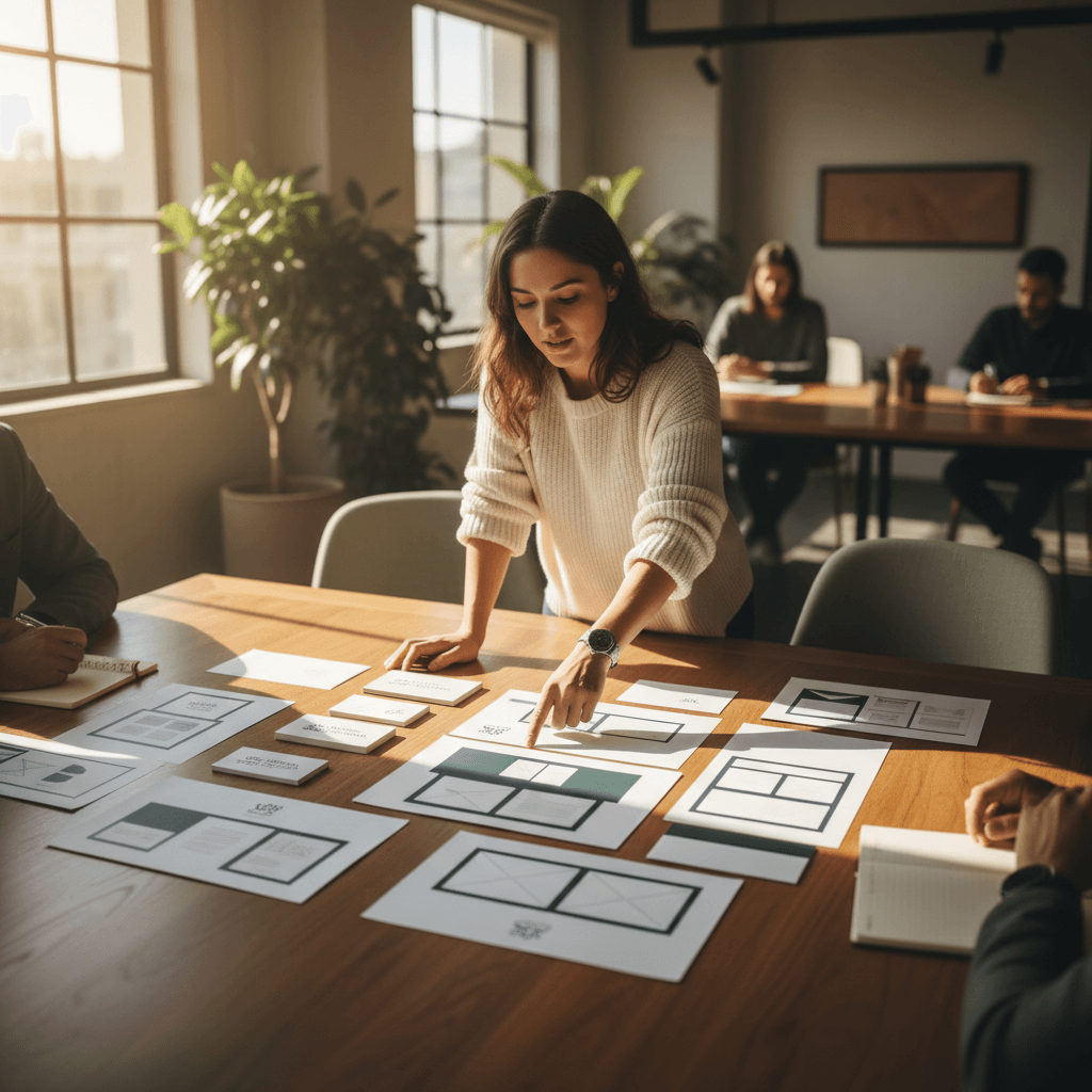 Business owner reviewing brand identity mockups and applications on a conference table