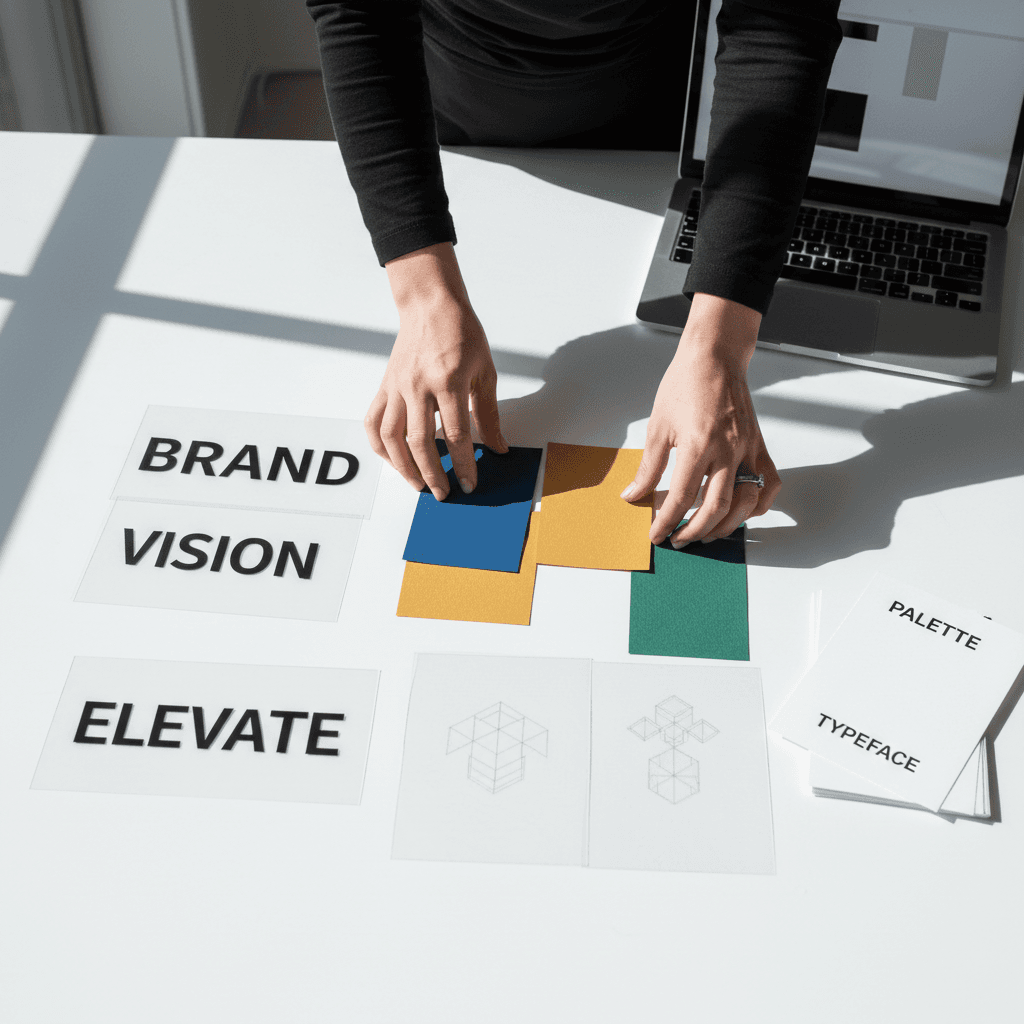 Designer arranging brand identity color swatches and typography samples on a workspace