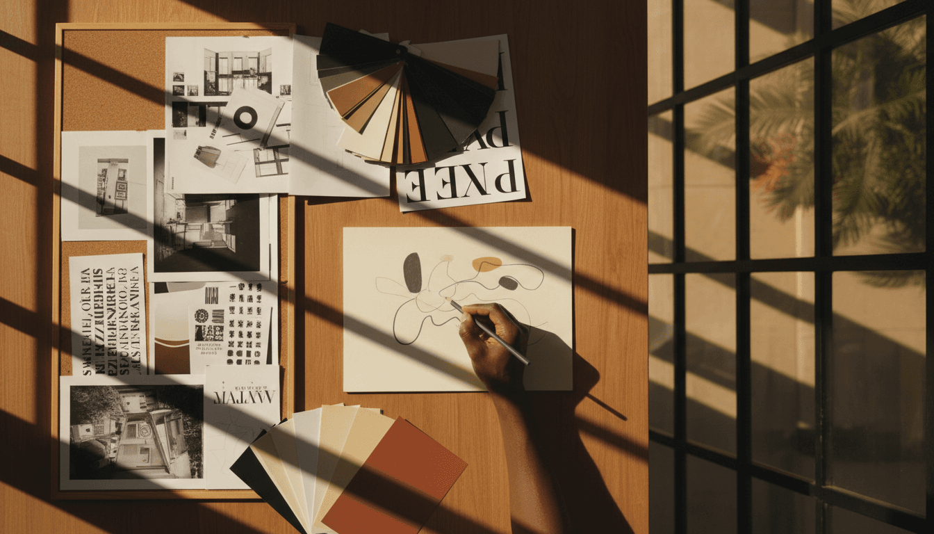 Designer working on brand identity concepts at a Lagos workspace with natural light and creative materials
