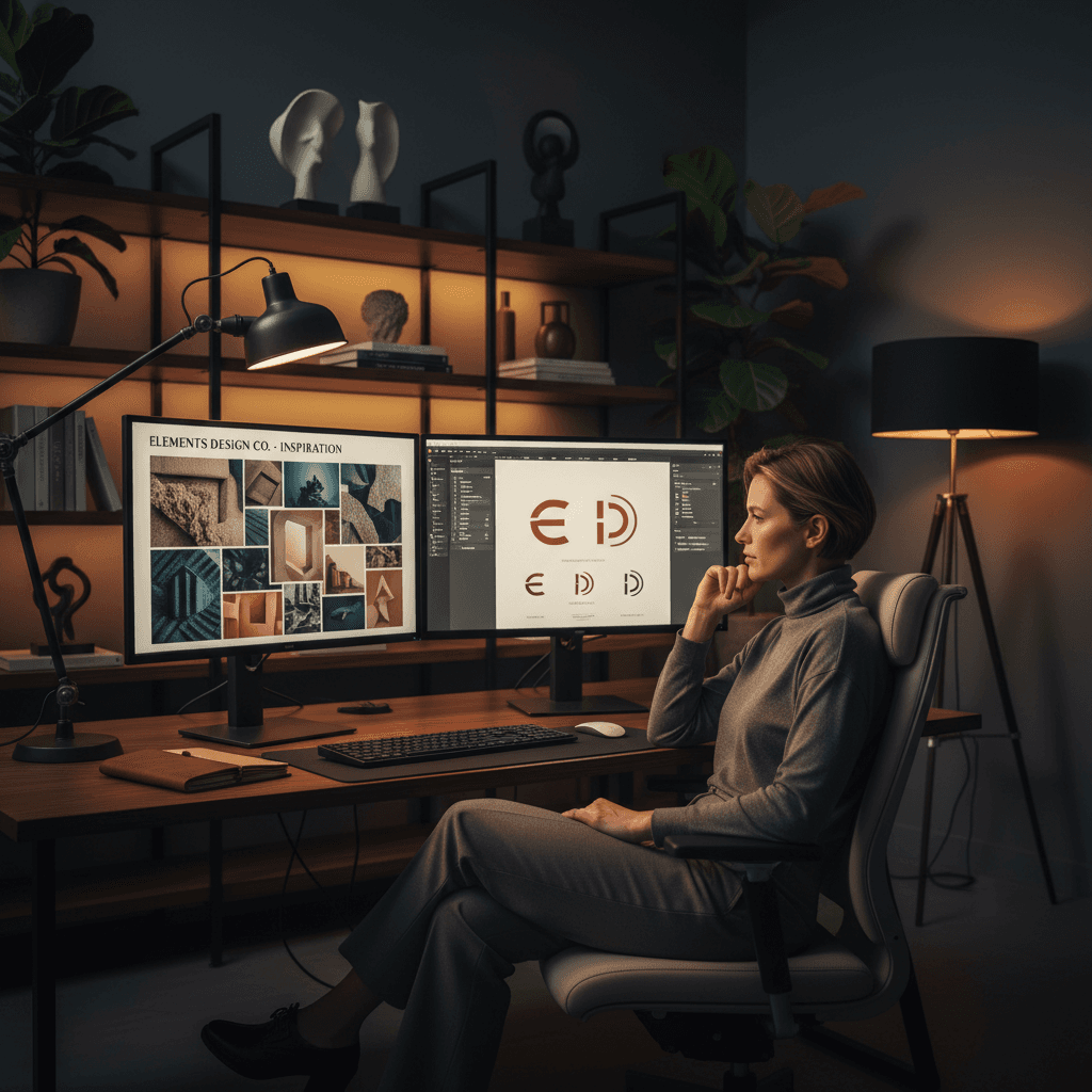 Designer reviewing brand mood boards and logo variations on dual monitors