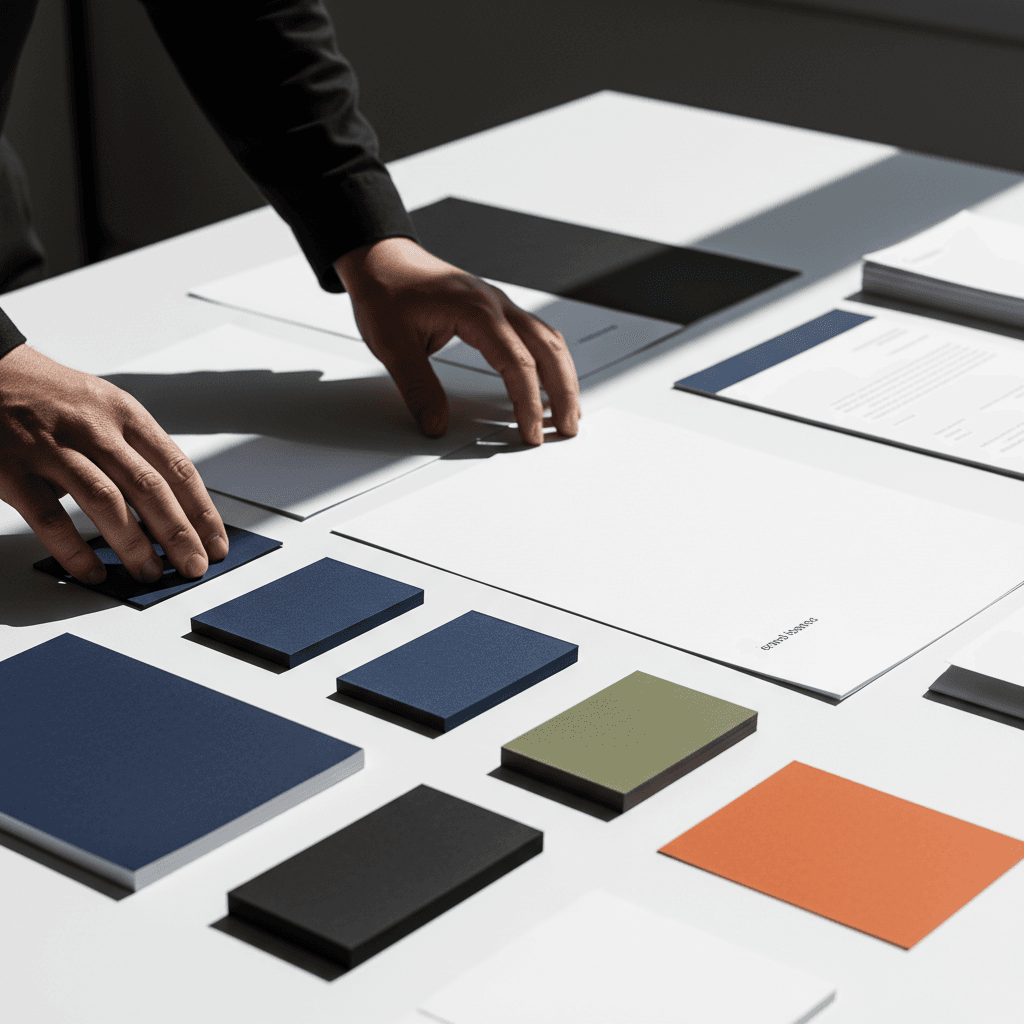 Designer arranging brand identity system materials including business cards and color swatches